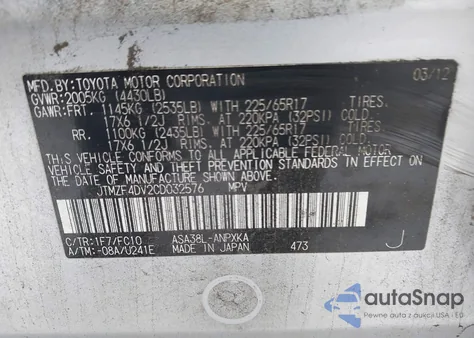 2012 Toyota Rav4 from USA, damaged, VIN JTMZF4DV2CD032576